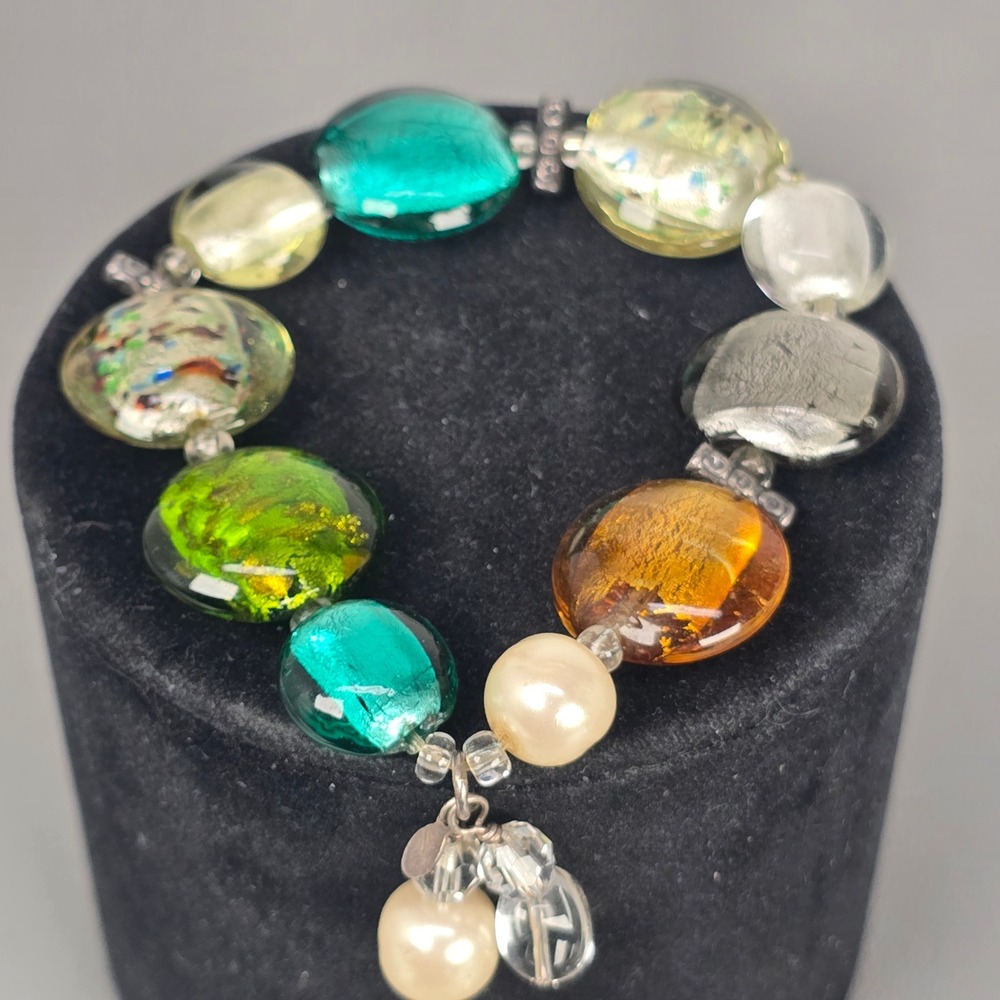 Silpada Retired Murano Style Foil Glass Bead Sterling Silver Stretch Bracelet